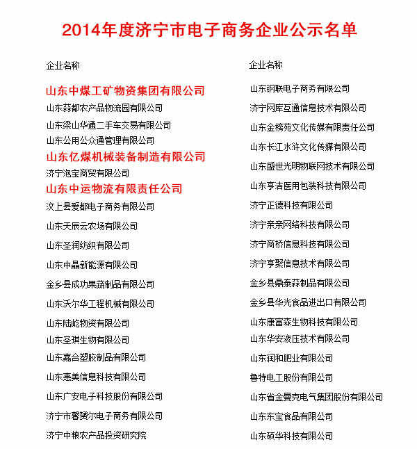 山东中煤工矿集团及子公司山东亿煤、山东中运成功入选2014年度济宁市电子商务企业